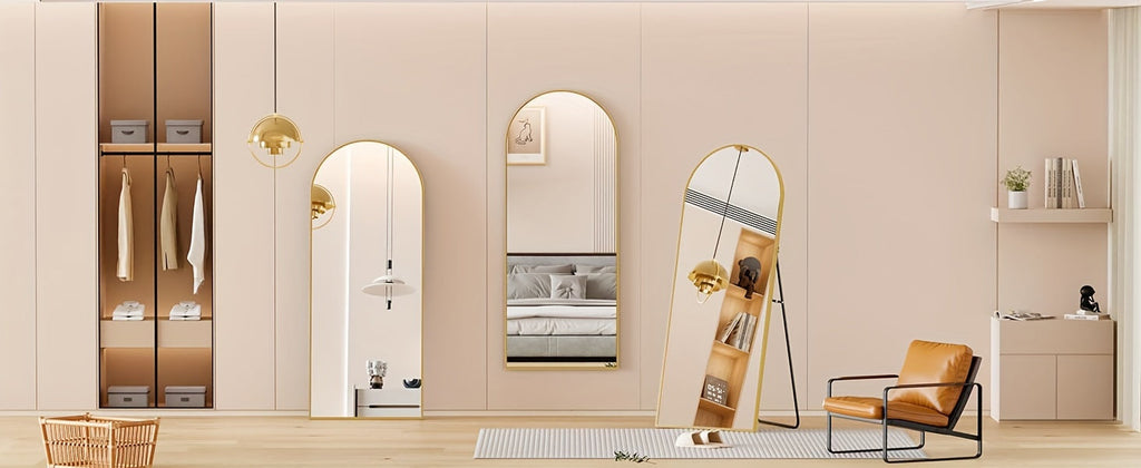 Full Length Floor Mirror with LED Lights - Arched & Rectangle Top, Aluminum Frame, 71" Standing Dressing Mirror for Bedroom & Living Room, Black Gold White, 5mm Tempered Glass