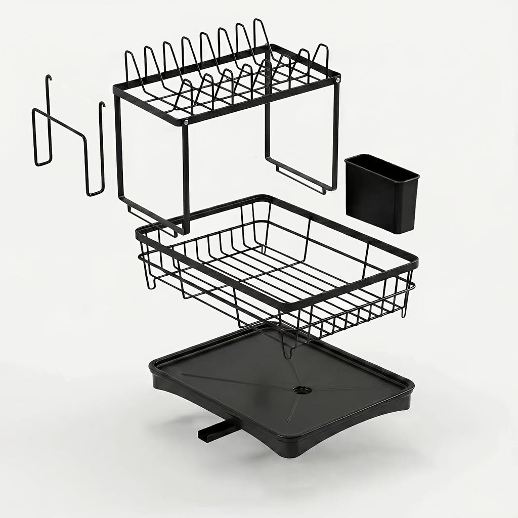 2-Tier Dish Drying Rack Kitchen Counter Drainboard Drain Mat Knife Fork Cup Holder Utensil Organizer Dish Drainer Kitchen Gadget Gift for Women Mother's Day Black Gray White
