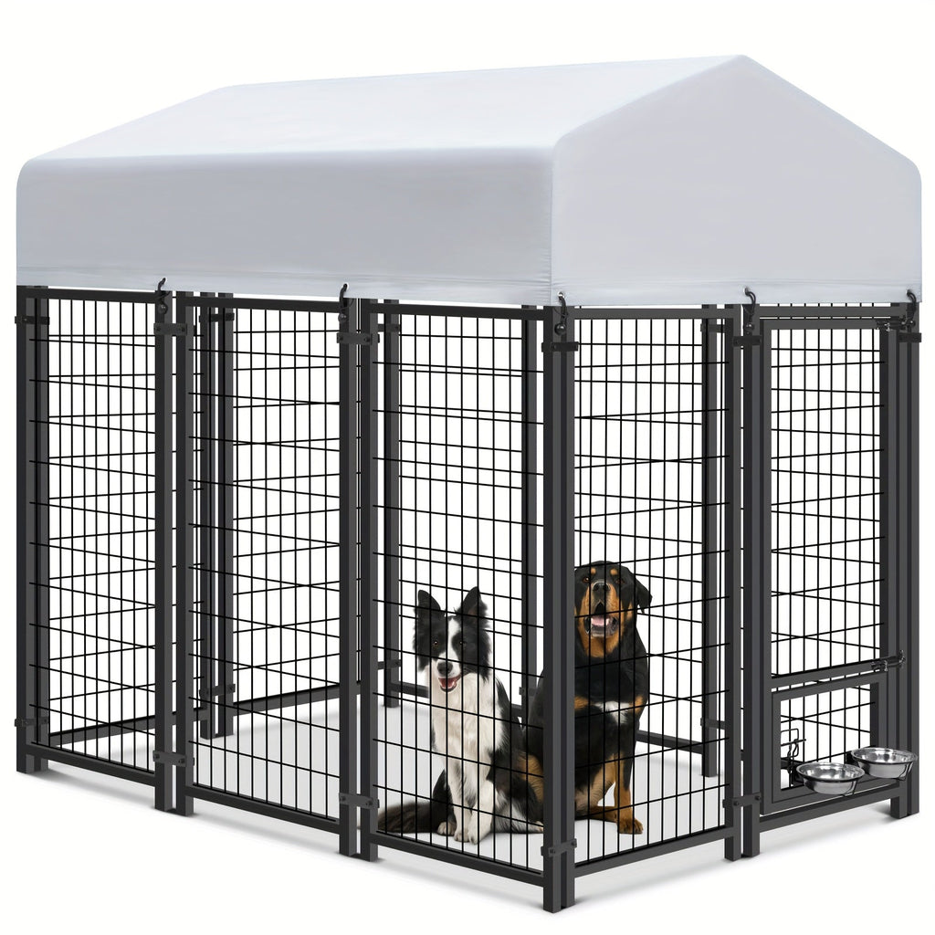 Large Dog Enclosure Outdoor Heavy Duty Welded Wire Steel Dog Playpen with UV-Resistant Roof Cover Secure Lock Pet Pen for Big Dogs Exercise Play Area Backyard Patio 3 Sizes