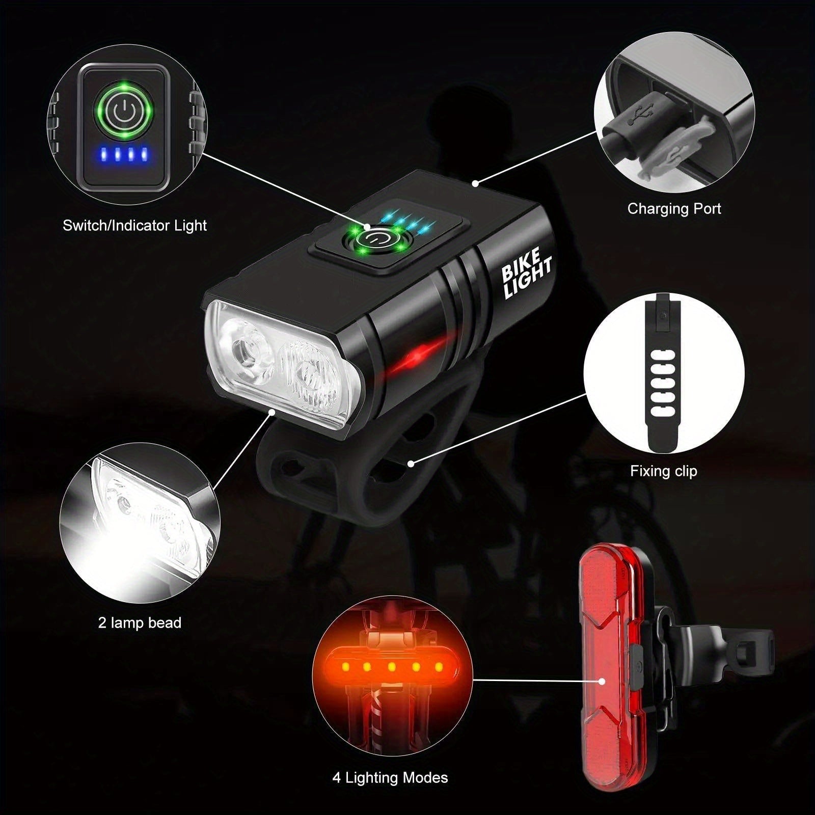 USB Rechargeable LED Bike Light Set with Whistle – 1500 Lumen Front Headlight & Rear Taillight, 6+4 Modes, LED Power Display, Portable Safe Night Cycling Light for Road Mountain Commuter Bike