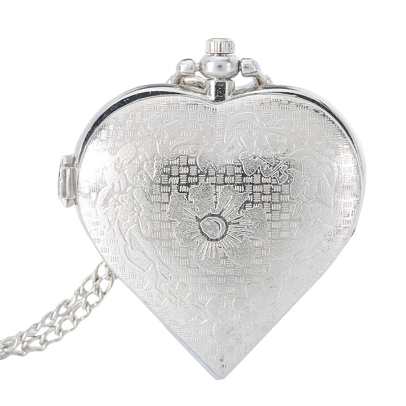 Heart Shaped Pocket Watch Necklace for Women Vintage – Romantic Hollow Quartz Pendant Sweater Chain Silver Tone Retro Jewelry, Perfect Mother's Day Valentine's Birthday Gift for Her