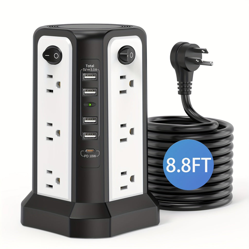 Power Strip Tower 16 AC Outlets 5 USB Ports USB-C PD20W Fast Charging 1500J Surge Protector Flat Plug Desktop Extension Cord for Home Office Dorm Room Workstation 10 Style Options