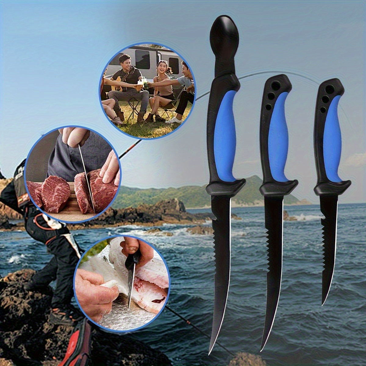 Fishing Knife Set 3 Piece Stainless Steel Fillet Boning Gutting Knives for Anglers & Campers – Includes Cut Resistant Gloves, Line Cutter & Cord, Unique Fishing Gift for Men & Dad