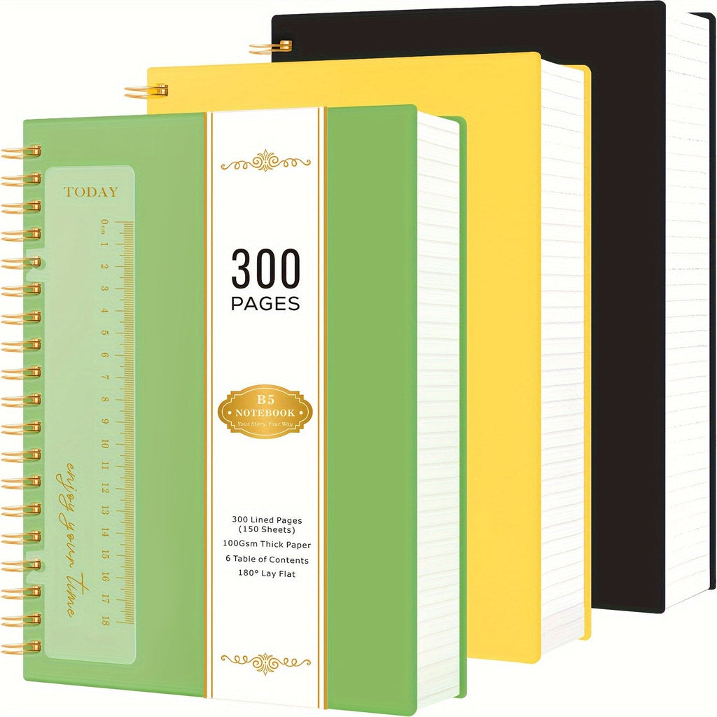 Spiral Notebook 3 Pack A5 Hardcover College Ruled 300 Pages 100GSM Thick Paper PVC Cover Notepad Set for Women Girls Students School Office Journaling 5.7x8.4 with Built-In Ruler