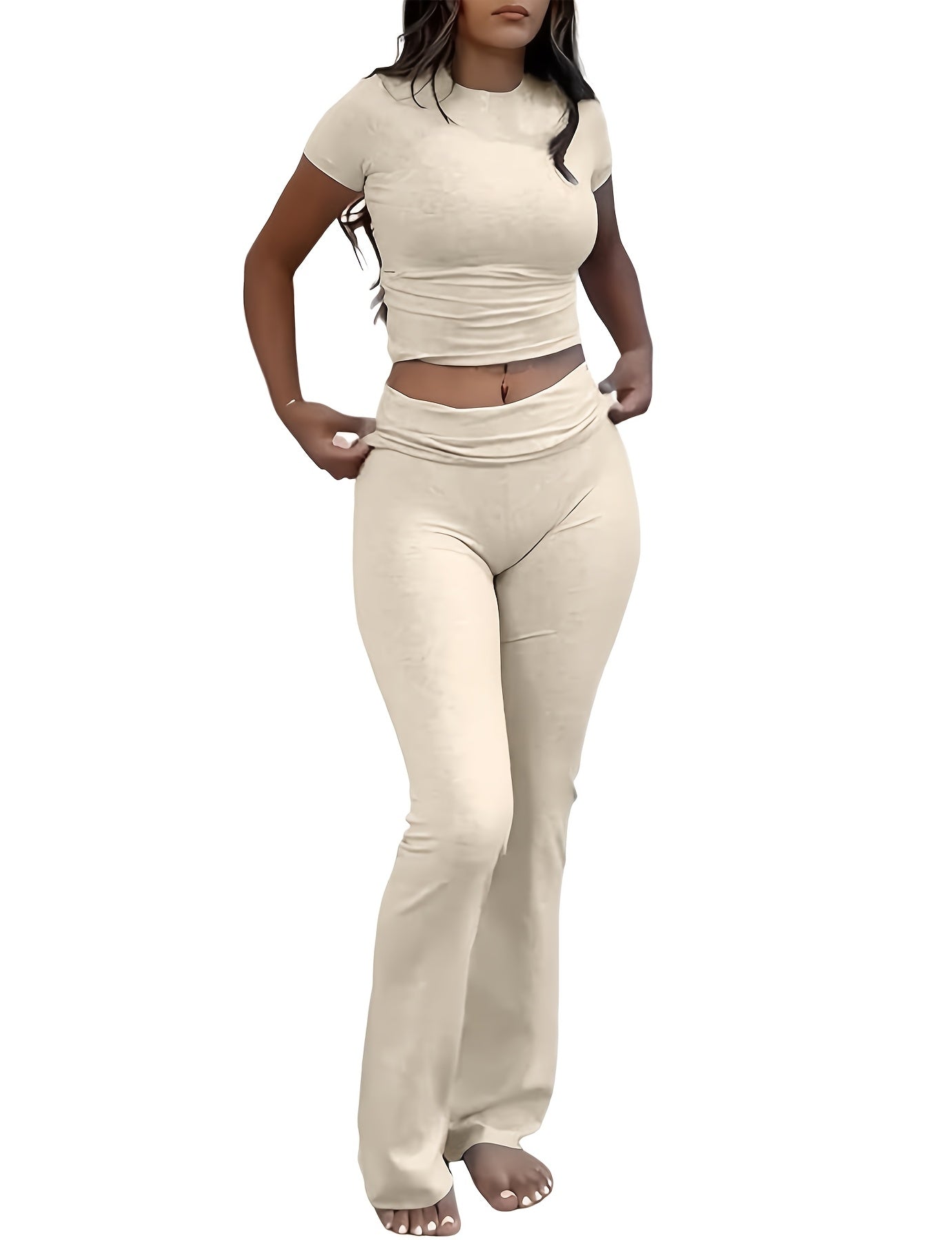 Women's Two-Piece Outfit Set Slim Fit Crew Neck Short Sleeve Tee & Skinny Flared Leg Pants – Casual Solid Color Matching Loungewear Tracksuit 9 Colors XS-XL