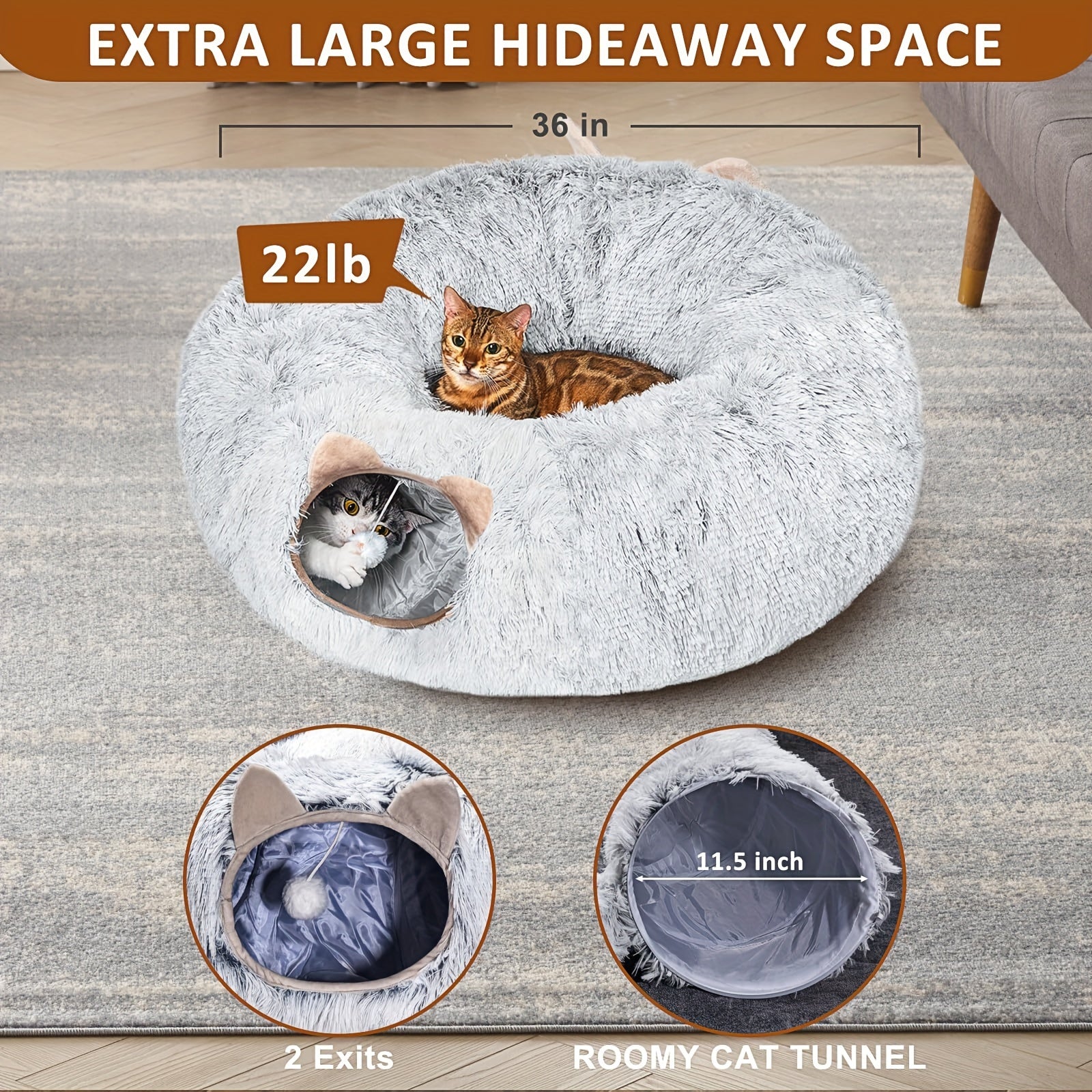 Cat Tunnel with Bed & Donut Peep Hole – Soft Plush Indoor Cat Toy, Multi-functional Hideout & Amusement Park for Cats, Kittens & Rabbits, Includes Pet Scarf, Small Medium Large