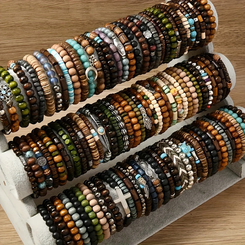 Boho Wooden Beaded Bracelet Set 36 Pack Bulk – Handmade Assorted Vintage Style with Zinc Alloy Charms for Women Men Teens, Bulk Jewelry for Gifts Party Favors & Events