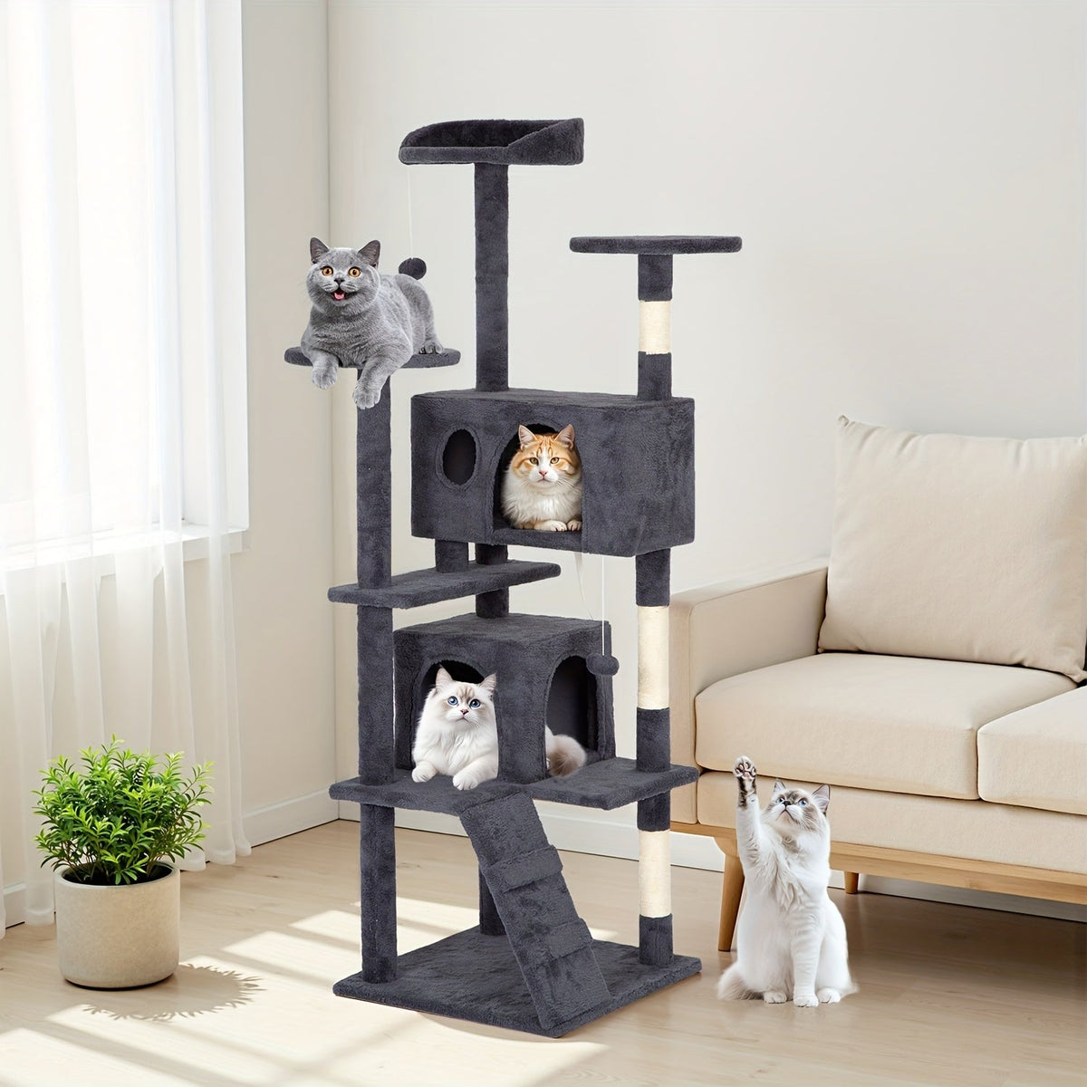 Multi-Level Cat Tree Tower with Scratching Post Perches & Plush Apartments – Space-Saving Indoor Cat Climbing Frame Activity Center, Heights 36-80 Inch, 6 Colors Beige Gray Pink
