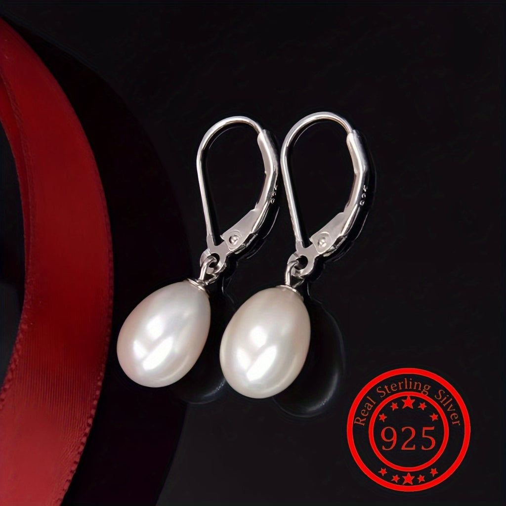 925 Sterling Silver Genuine Freshwater Pearl Drop Earrings – French Elegant Dangle Lobster Clasp Hypoallergenic Bridal Wedding Jewelry Gift for Women Valentine's Day Anniversary