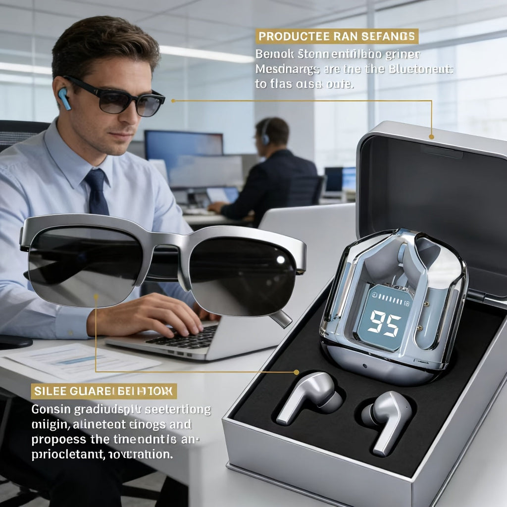 AI Translation Smart Glasses with Wireless Headphones – Real-Time Multi-Language Translator Built-in Mic Music Audio Rechargeable Wearable Tech for Travel Business Sports Daily Wear