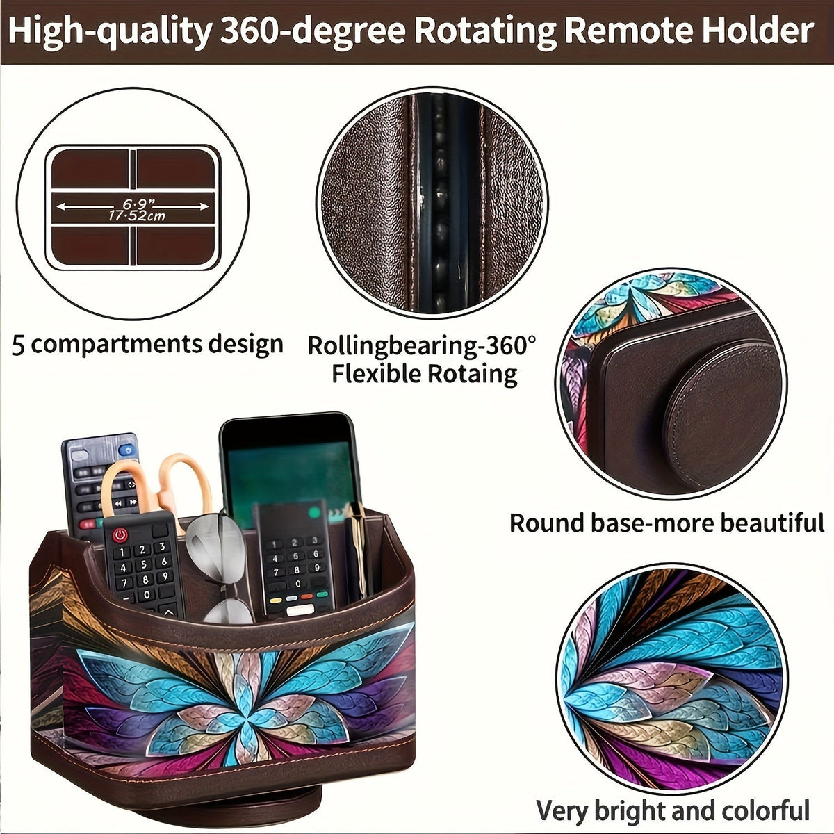 360 Swivel Remote Control Holder 5-Compartment PU Leather Desk Organizer for TV Remotes Phones Eyeglasses Pens Rotating Desktop Storage Caddy