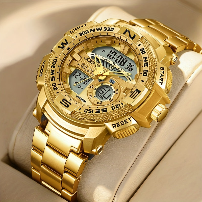 Dual Display Sport Watch for Men Large Face – LED Night Light 3ATM Waterproof Chronograph Alarm Calendar Field Military Style Wristwatch Gold Silver, Perfect Gift for Him
