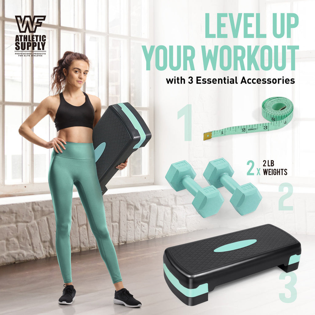 Adjustable Height Aerobic Stepper Set with 2 Dumbbells & Measuring Tape, Non-Slip Exercise Step Platform with Level Risers, 550 LB Capacity, Home Gym Workout Equipment – 3 Colors