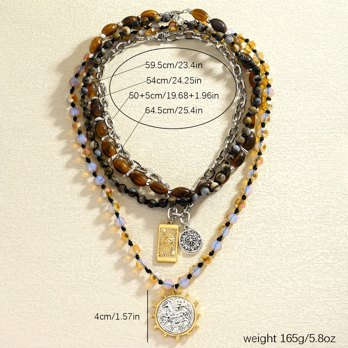 Tiger's Eye Beaded Multi-Layer Boho Necklace for Women – Vintage Nautical Compass Pendant Stackable Layered Clavicle Chain Bohemian Natural Stone Statement Jewelry Gift