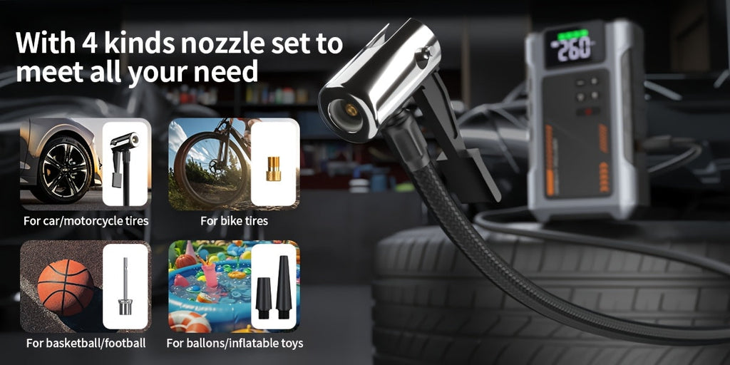 9 in 1 Portable Jump Starter with Air Compressor for 12V Cars Up to 8.0L Gas 6.5L Diesel Battery Booster Pack Tire Inflator USB Power Bank LED Emergency Light Safety Hammer Roadside Kit
