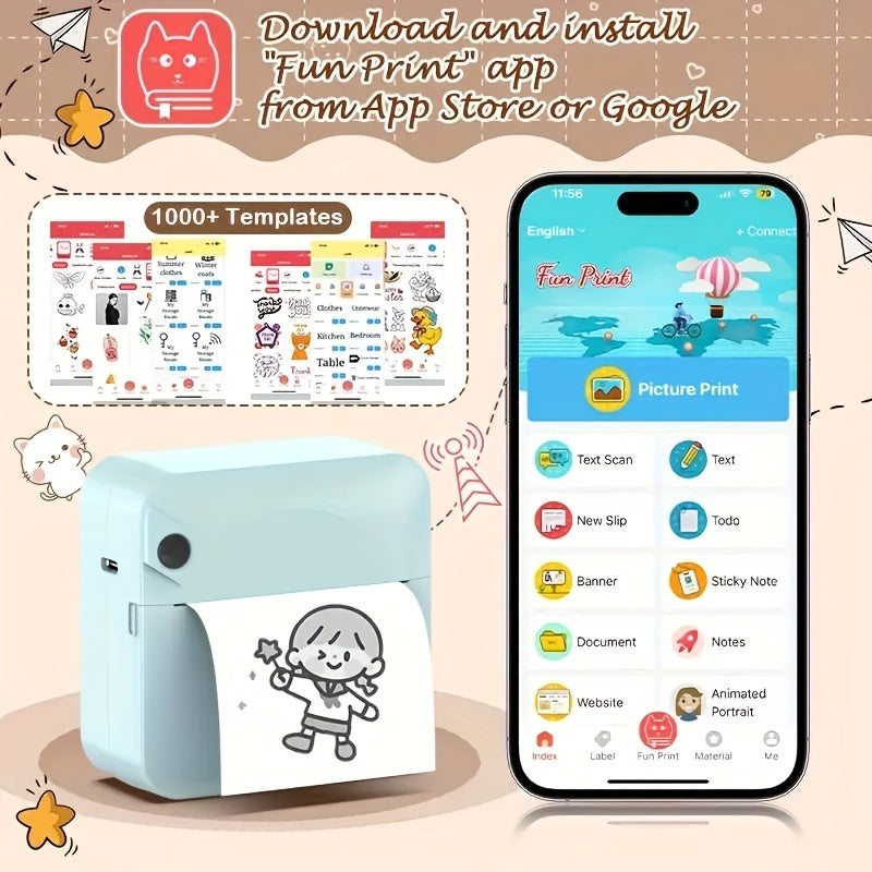 Portable Bluetooth Thermal Printer Mini Pocket Ink-Free Prints Photos Notes Stickers Diaries Labels Rechargeable Includes Thermal Paper Roll Blue Pink Black White