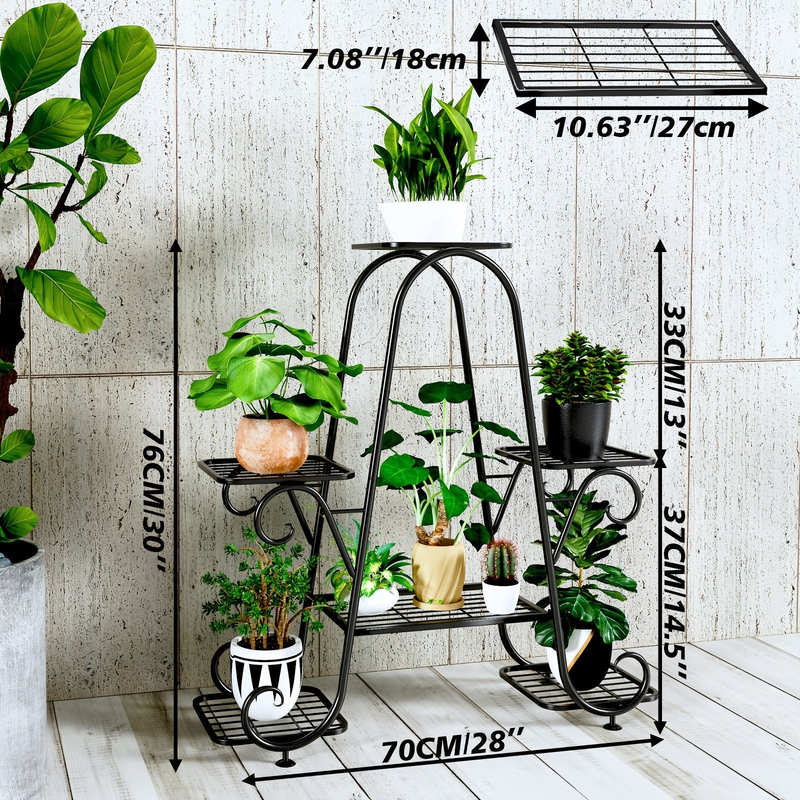 4 Tier Metal Plant Stand Indoor Outdoor Wrought Iron Corner Flower Pot Holder Display Rack Patio Balcony Garden Office Planter Shelf Black HYP-50 6 Tier