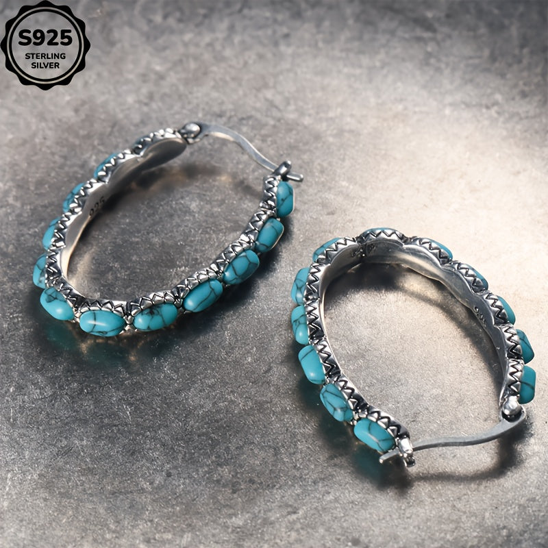 925 Sterling Silver Turquoise Stud Earrings for Women – Bohemian Retro Hypoallergenic Gemstone Studs Daily Wear Boho Jewelry Gift for Ladies Mother's Day Valentine's Day Birthday Anniversary
