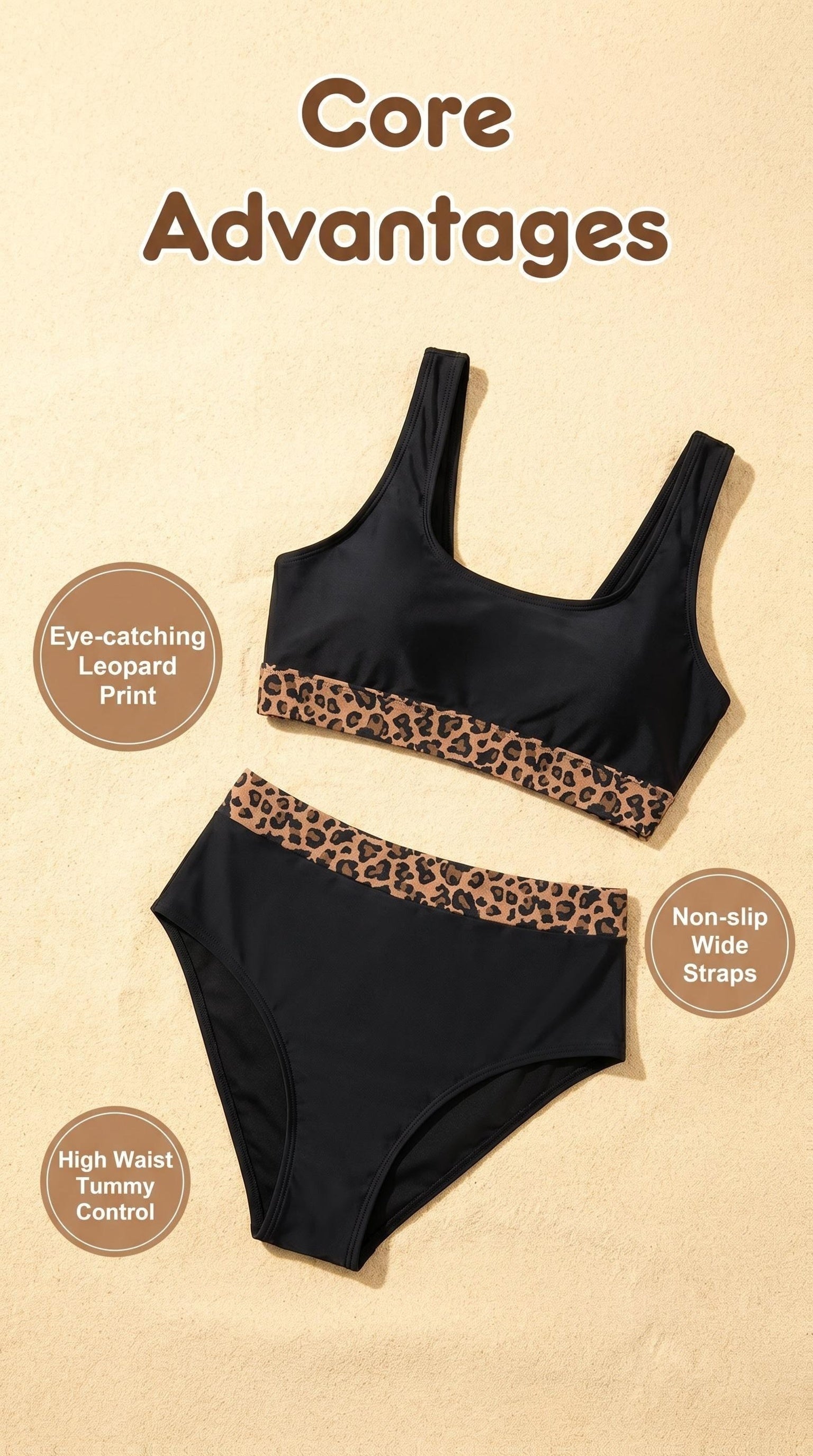 Women's High-Waisted Leopard Print Bikini Set Crop Top Square Neckline Retro Sexy Color Block Slimming 2-Piece Swimsuit Beach Pool Vacation S M L XL Black