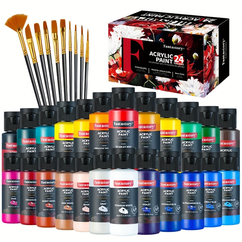 Professional Acrylic Paint Set 24 Colors 2oz 60ml Large Volume Tubes with 12 Brushes – Rich Pigment Thick Acrylic Paints for Canvas Wood Rock Glass Ceramic Fabric – Art Supplies for Beginners and Artists