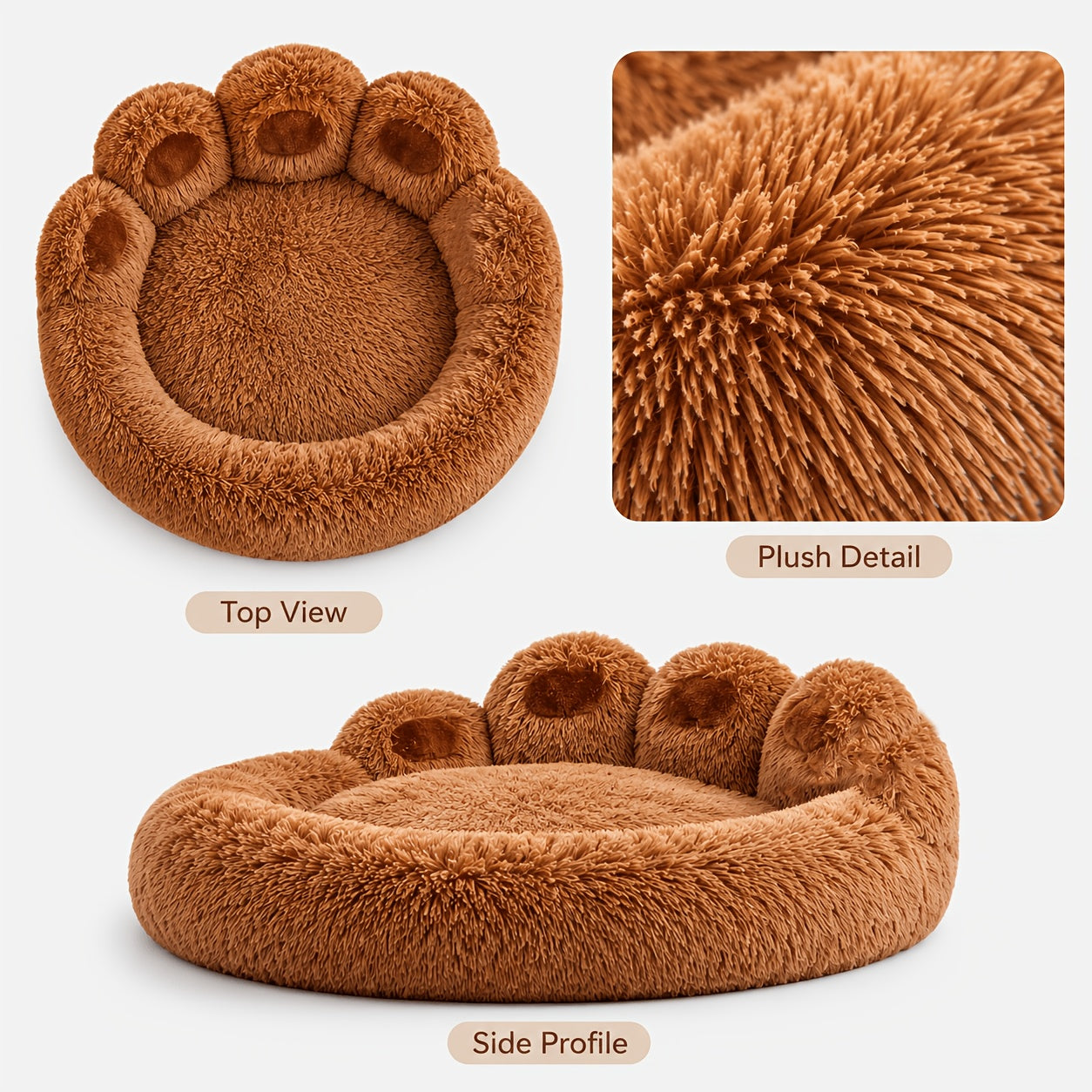 Bear Paw Plush Round Pet Bed for Dogs & Cats Soft Calming Non-Slip Cozy Puppy Bed – Small Medium Large, 20/24/28/36 Inch, Coffee Pink Gray