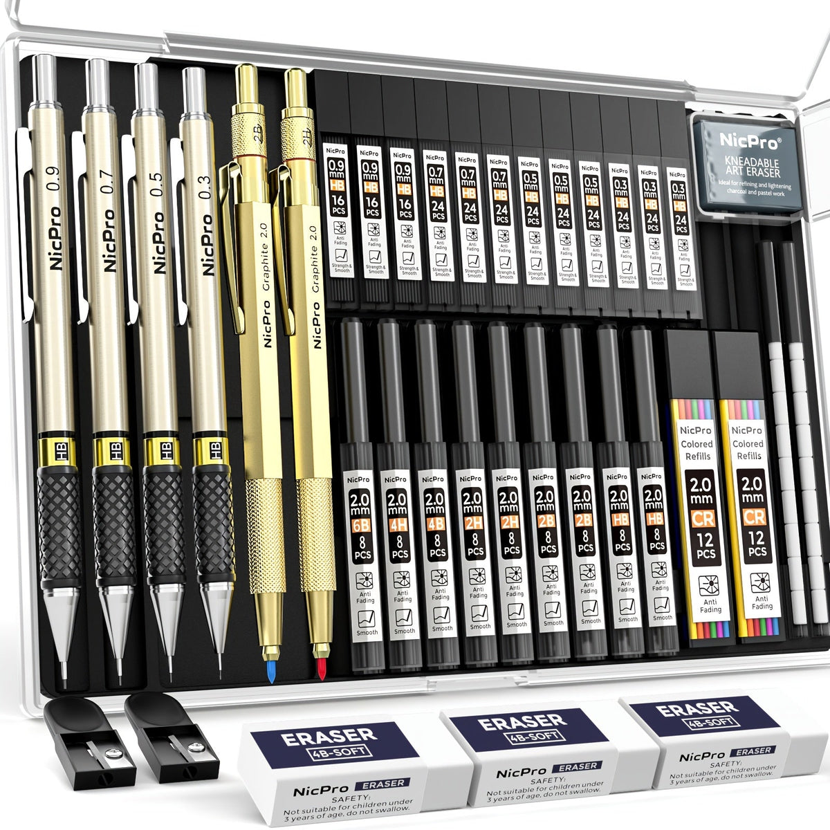 Nicpro 34-Piece Art Mechanical Pencil Set 6 Metal Drafting Pencils 0.5 0.7 0.9 2mm 19 Refill Leads 6B to H Erasers Storage Case Sketching Drawing Artists Students