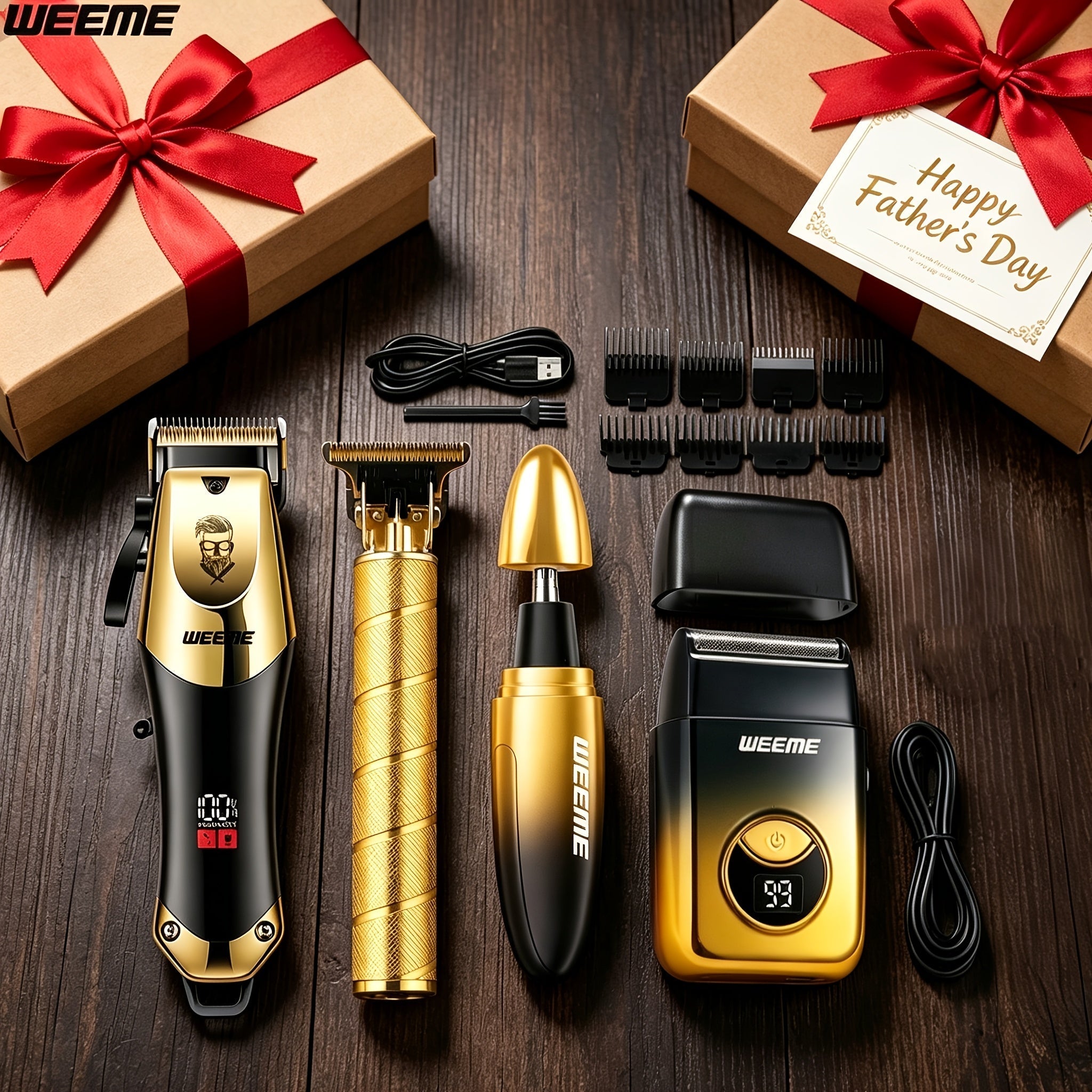 Men's Electric Hair Clipper Grooming Set USB Rechargeable Cordless Nose Hair Trimmer Shaver 2-Piece 4-Piece 5-Piece Professional Lithium Battery Father's Day Birthday Gift Golden Blue