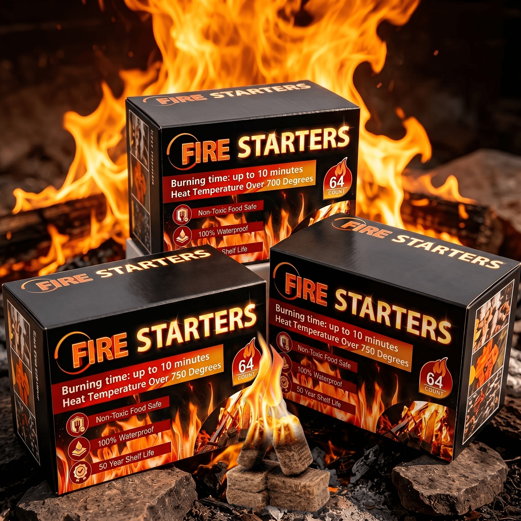 Waterproof Odorless Fire Starter Squares Bulk Pack – 6-Minute Burn Charcoal Firestarter Cubes for Campfire BBQ Grill Fireplace Wood Stove Fire Pit, No Kindling Needed, 32 64 128 192 Piece Options