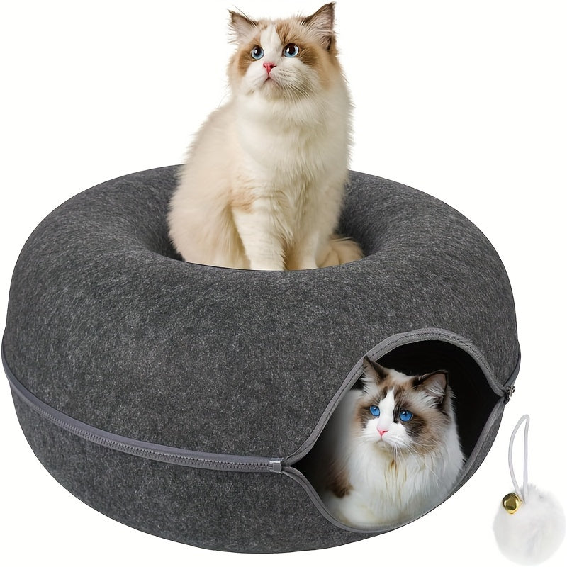 Cat Tunnel Bed with Donut Hole Indoor Hiding Place - All-Season Collapsible Soft Plush Cat Cave Bed for Indoor Cats, Dark Gray & Light Gray, 20 & 24 Inch, Perfect Cat Gift