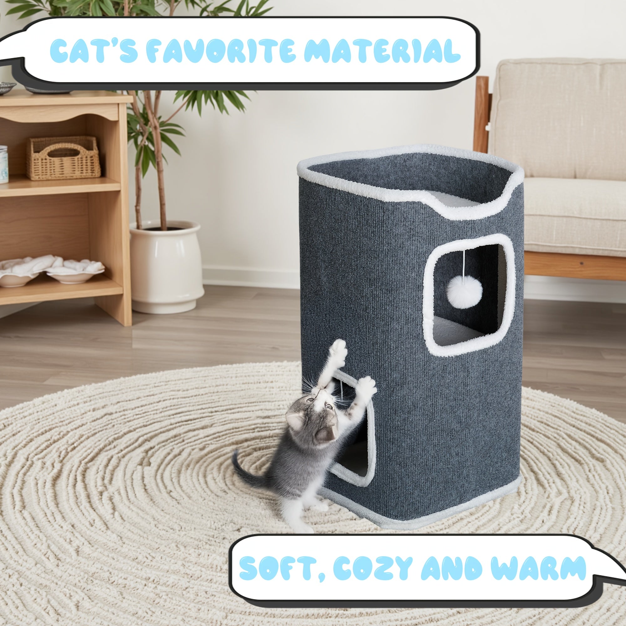 Multi-Level Foldable Cat Tree Tower for Indoor Cats Scratching Post Cozy Perch Cat Condo with Hanging Toy Ball & Hideaway – Soft Bed, 1/3/4 Tier Options, Light Gray Dark Blue Camel