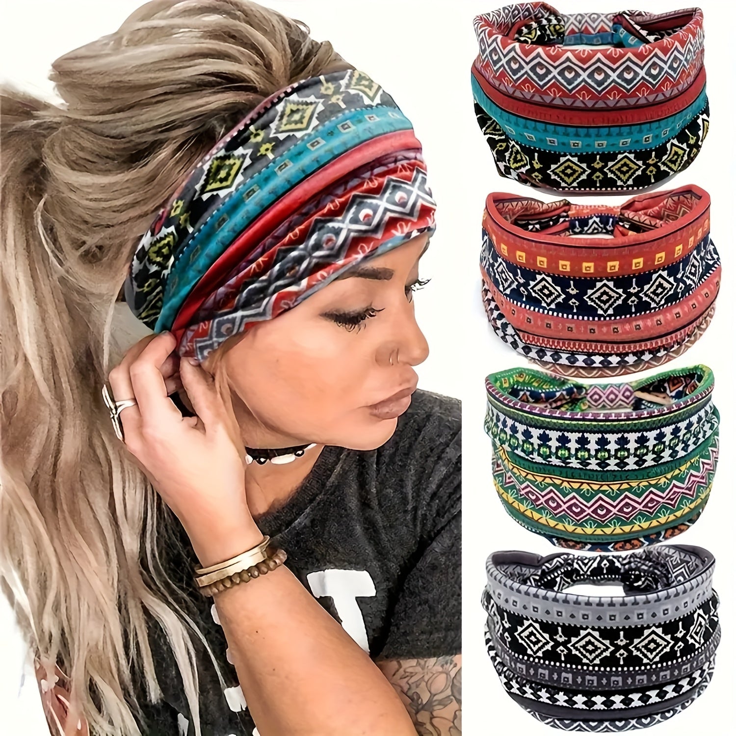 8pcs Wide African Turban Headbands for Women – Boho Paisley Anti-Slip Elastic Headwraps Moisture-Wicking 95% Polyester Sports Yoga Running Daily Wear Machine Washable Hair Accessories Gift Set