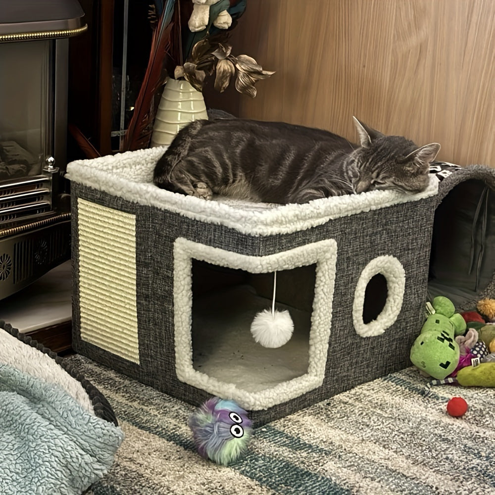 Foldable Multi-Layer Cat House with 2-Tier Bed Toy Tunnel Scratching Post Plush Hanging Ball Cozy Mat Indoor Cat Cube Enclosure Nylon Frame Canvas All-Season Cat Furniture for Indoor Cats