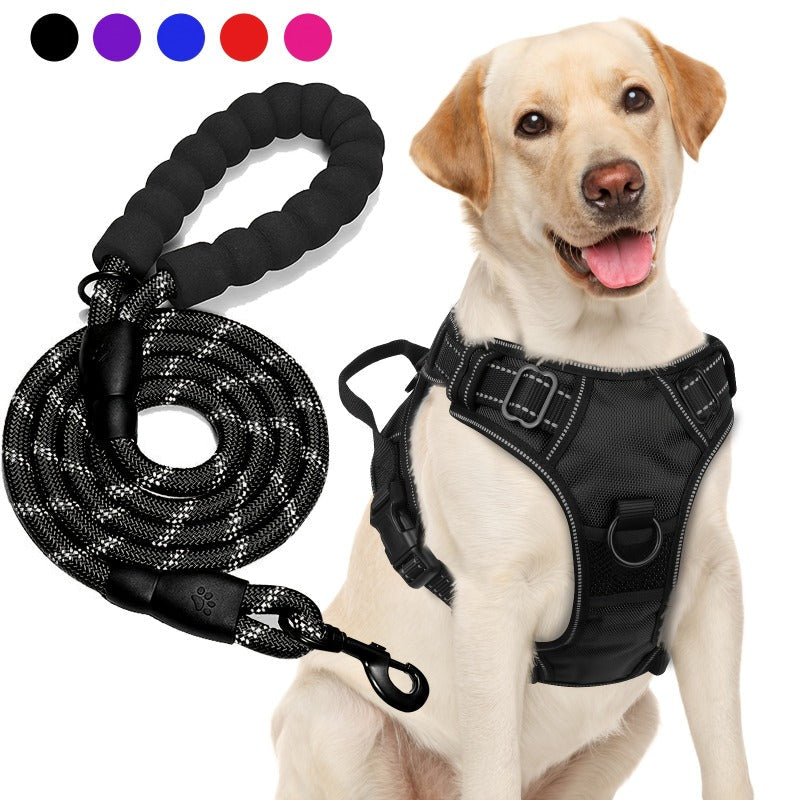 No Pull Dog Harness and Leash Set Adjustable Reflective Oxford Vest 5-Foot Padded Handle Rope Medium Large Dogs Quick-Release Buckles Sizes S M L XL 5 Colors Black Purple Blue Red