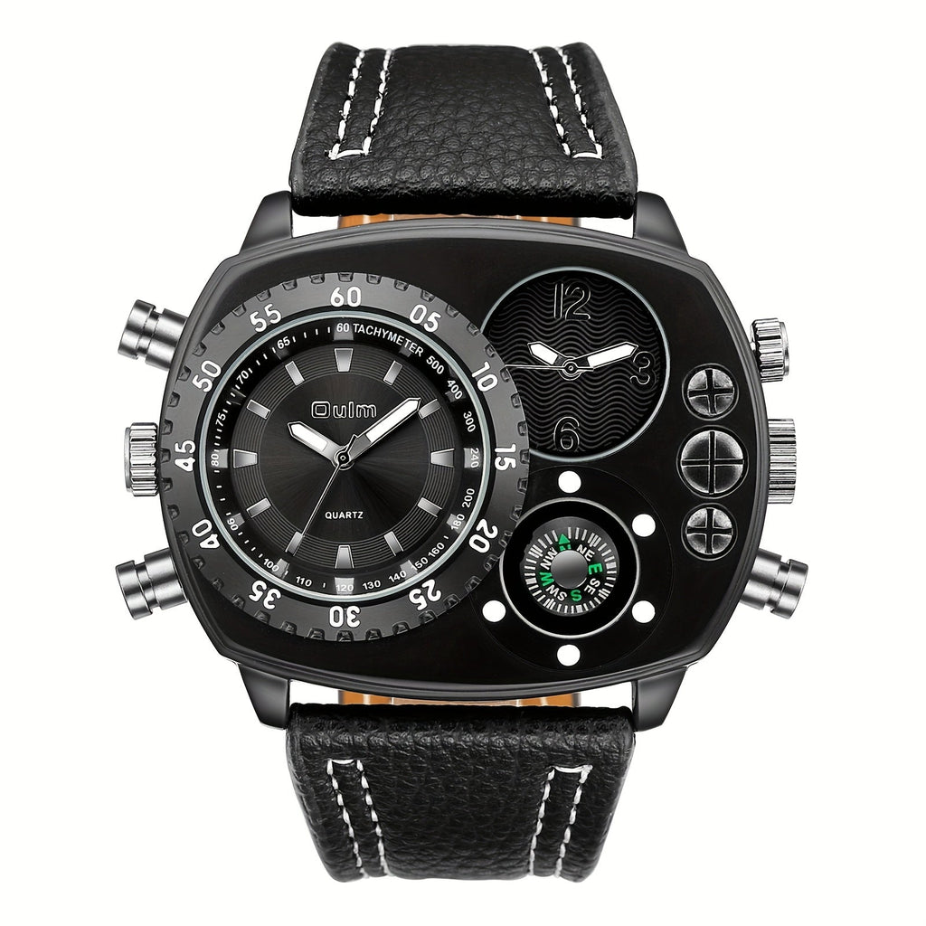Men's Dual Time Zone Big Dial Quartz Watch – Faux Leather Strap, Luminous Hands, Stainless Steel Case, Casual Sports Wristwatch for Men, Perfect Gift