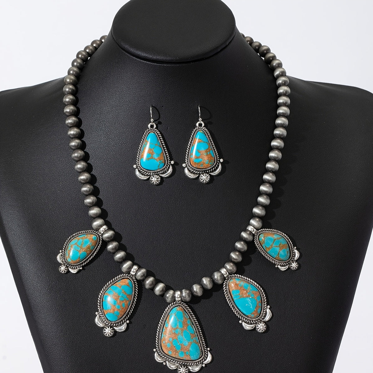 Vintage Boho Turquoise & Orange Beadwork Earrings Necklace Set for Women – Ethnic Zinc Alloy Jewelry for Everyday Holiday Festival Gift