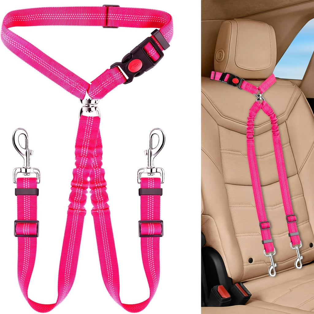 Dual Dog Car Seat Belt 2 Dogs Simultaneously No-Tangle Adjustable Bungee Headrest Clip Pet Safety Harness Small Medium Large Dogs Travel Black Red Rose Red