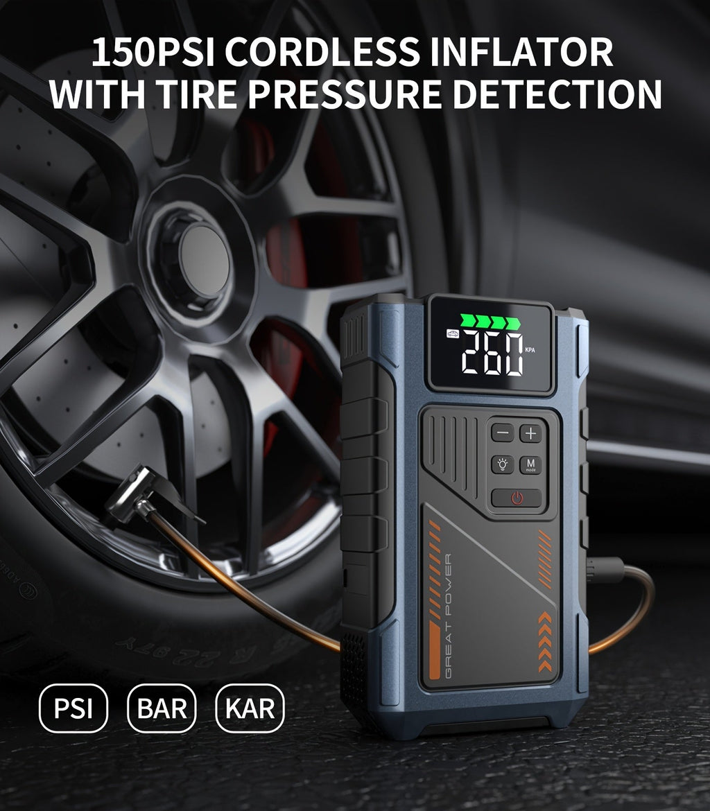 8000A Portable Jump Starter with Air Compressor 12V Battery Booster for 8.0L Gas 6.5L Diesel Engines USB Charging Ports LED Flashlight Jump Box for Cars Trucks SUVs Motorcycles