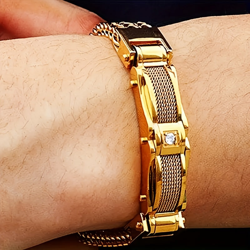 Men's 304 Stainless Steel Motorcycle Chain Bracelet – Hip Hop Punk Biker Magnetic Clasp Synthetic Gem Bracelet for Men Nightclub Party Wedding Streetwear Gift