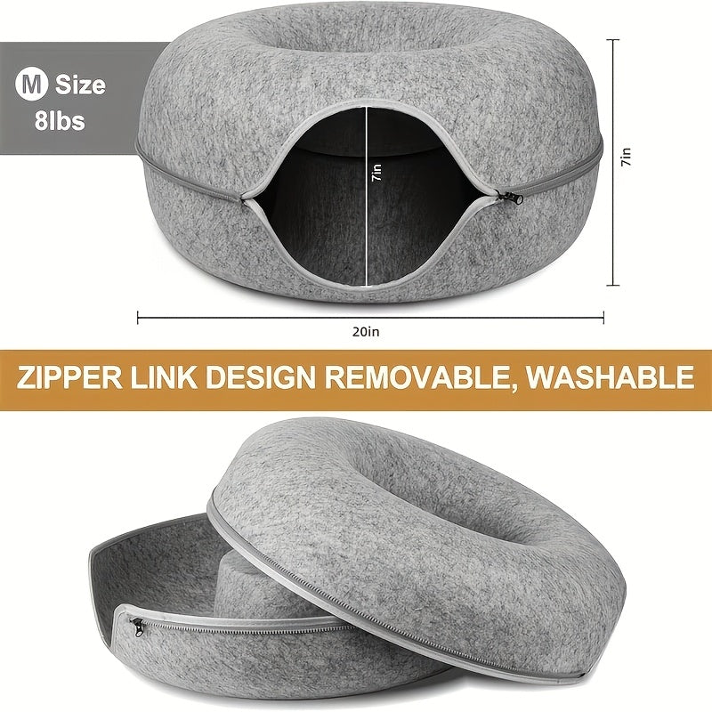 Cat Tunnel Bed with Donut Hole Indoor Hiding Place - All-Season Collapsible Soft Plush Cat Cave Bed for Indoor Cats, Dark Gray & Light Gray, 20 & 24 Inch, Perfect Cat Gift