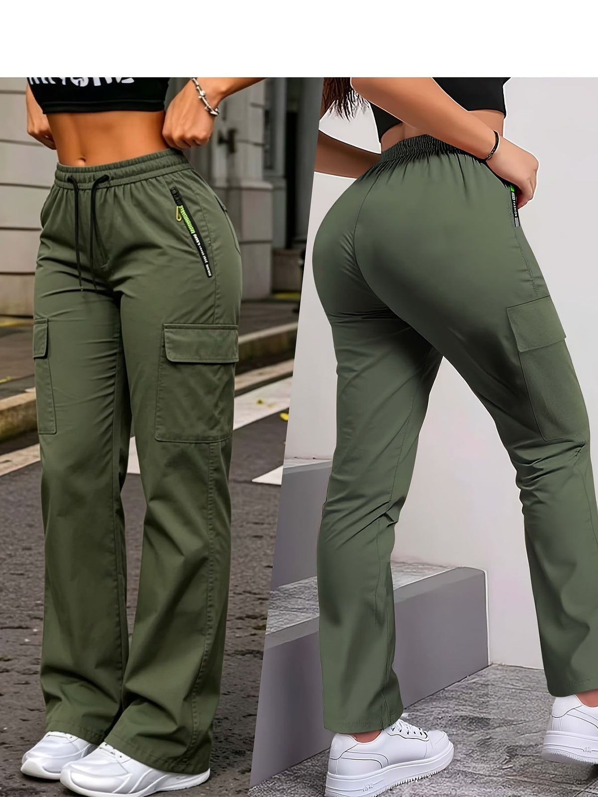 Multi-Pocket Cargo Pants Women Neon Green Zipper Accents Drawstring Waist Full-Length Outdoor Travel Trousers 4 Colors XS-XXL Streetwear