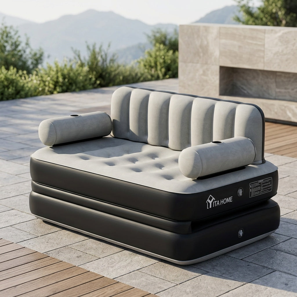 Inflatable Air Sofa Bed 2-in-1 Queen Size – Portable Blow Up Couch & Airbed with Headboard, Cup Holders, External Pump & Storage Bag, 440 lb Capacity for Home, Camping, Guests & Dorms