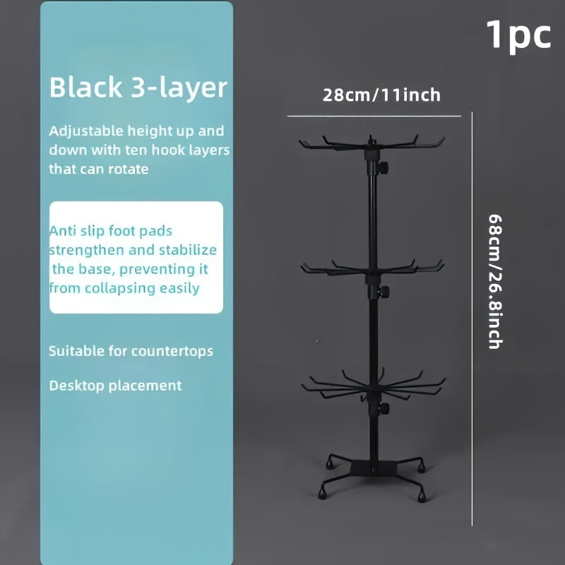 3-Tier Rotating Display Rack Adjustable Multifunctional Organizer Stand for Jewelry Keychains Socks Hats Toys Accessories with Rotating Base Movable Design