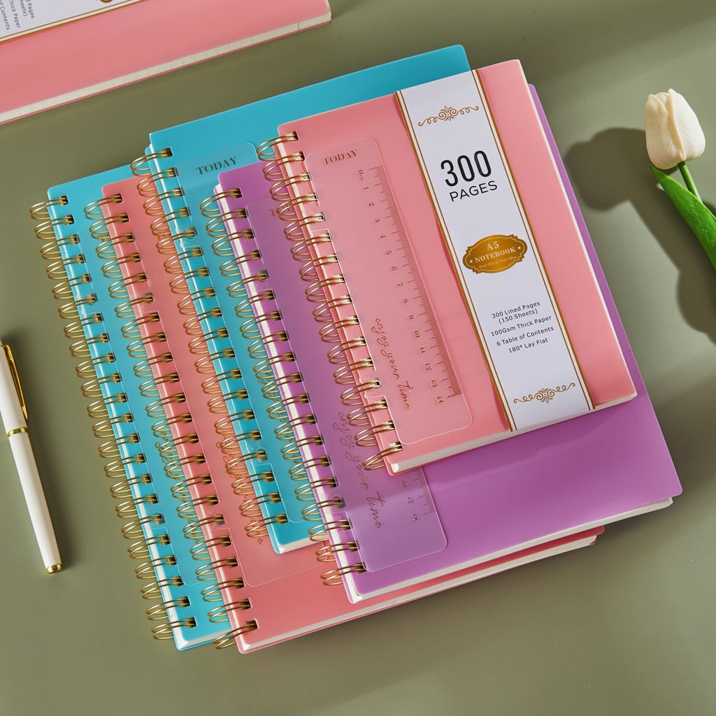 Spiral Notebook 3 Pack A5 Hardcover College Ruled 300 Pages 100GSM Thick Paper PVC Cover Notepad Set for Women Girls Students School Office Journaling 5.7x8.4 with Built-In Ruler