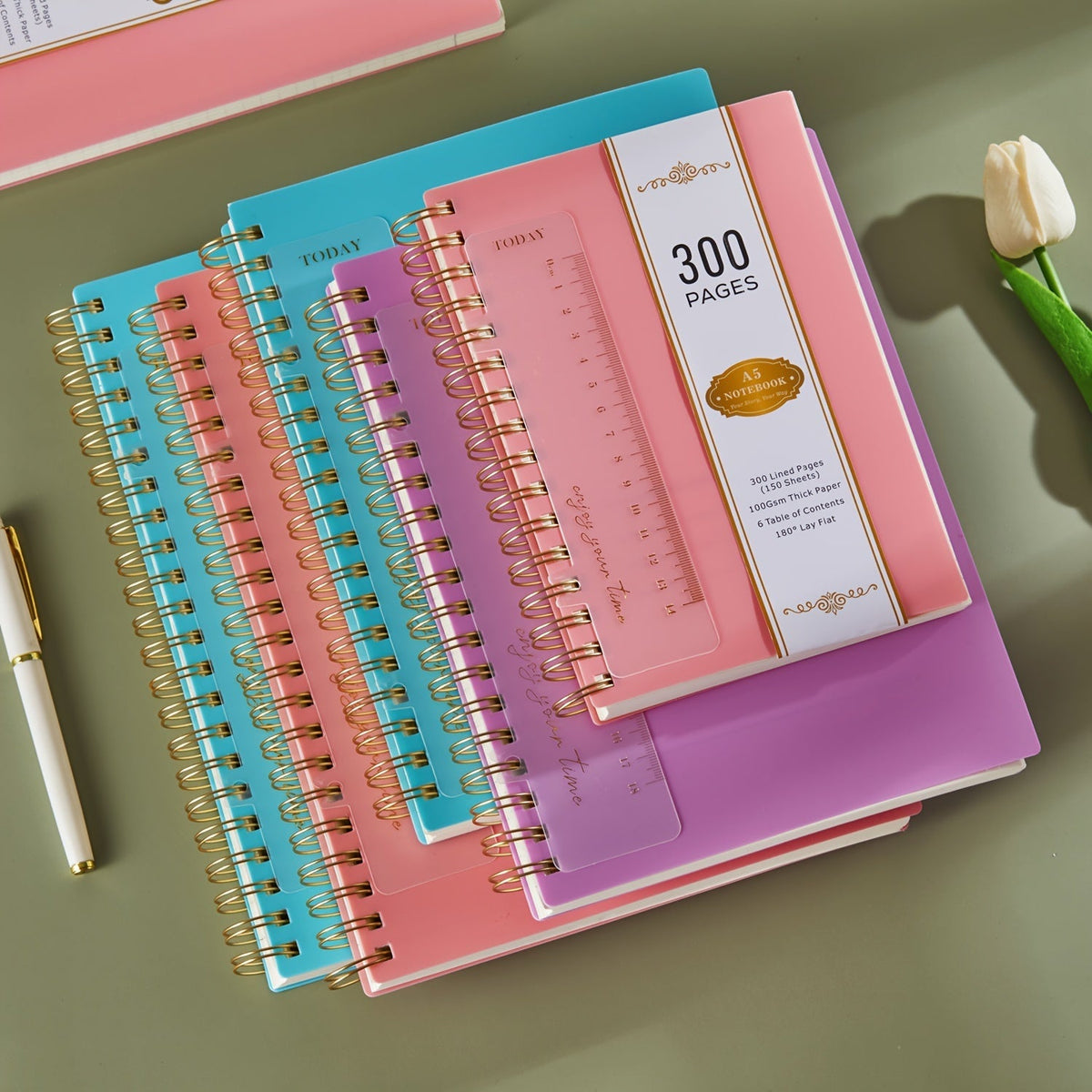 Spiral Notebook 3 Pack A5 Hardcover College Ruled 300 Pages 100GSM Thick Paper PVC Cover Notepad Set for Women Girls Students School Office Journaling 5.7x8.4 with Built-In Ruler