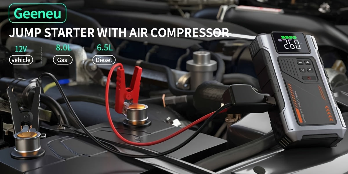 8000A Portable Jump Starter with Air Compressor 12V Battery Booster for 8.0L Gas 6.5L Diesel Engines USB Charging Ports LED Flashlight Jump Box for Cars Trucks SUVs Motorcycles