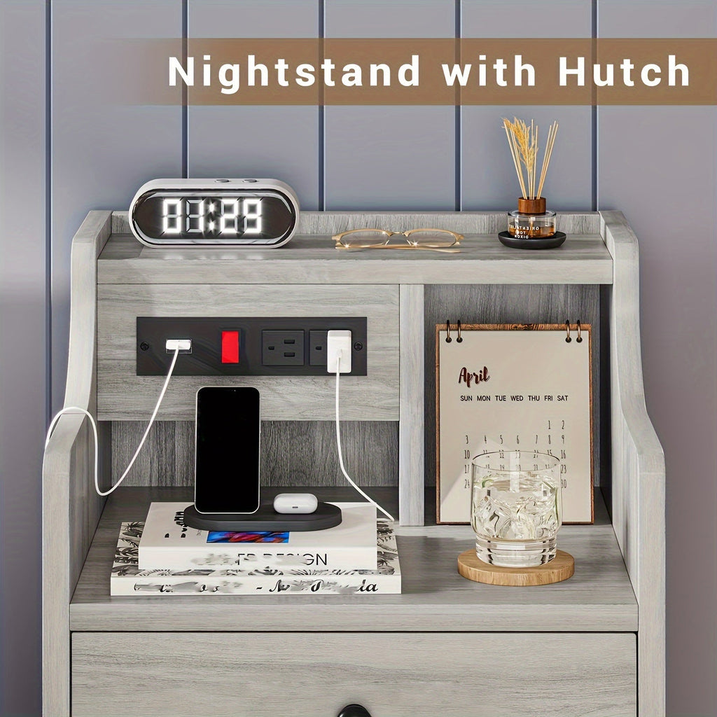 Nightstand with Charging Station 2 USB Ports 2 Outlets - 3 Drawers Hutch Bedroom End Table Sofa Side Table for Living Room Office Gray White 14x17.7x26.8 Inch