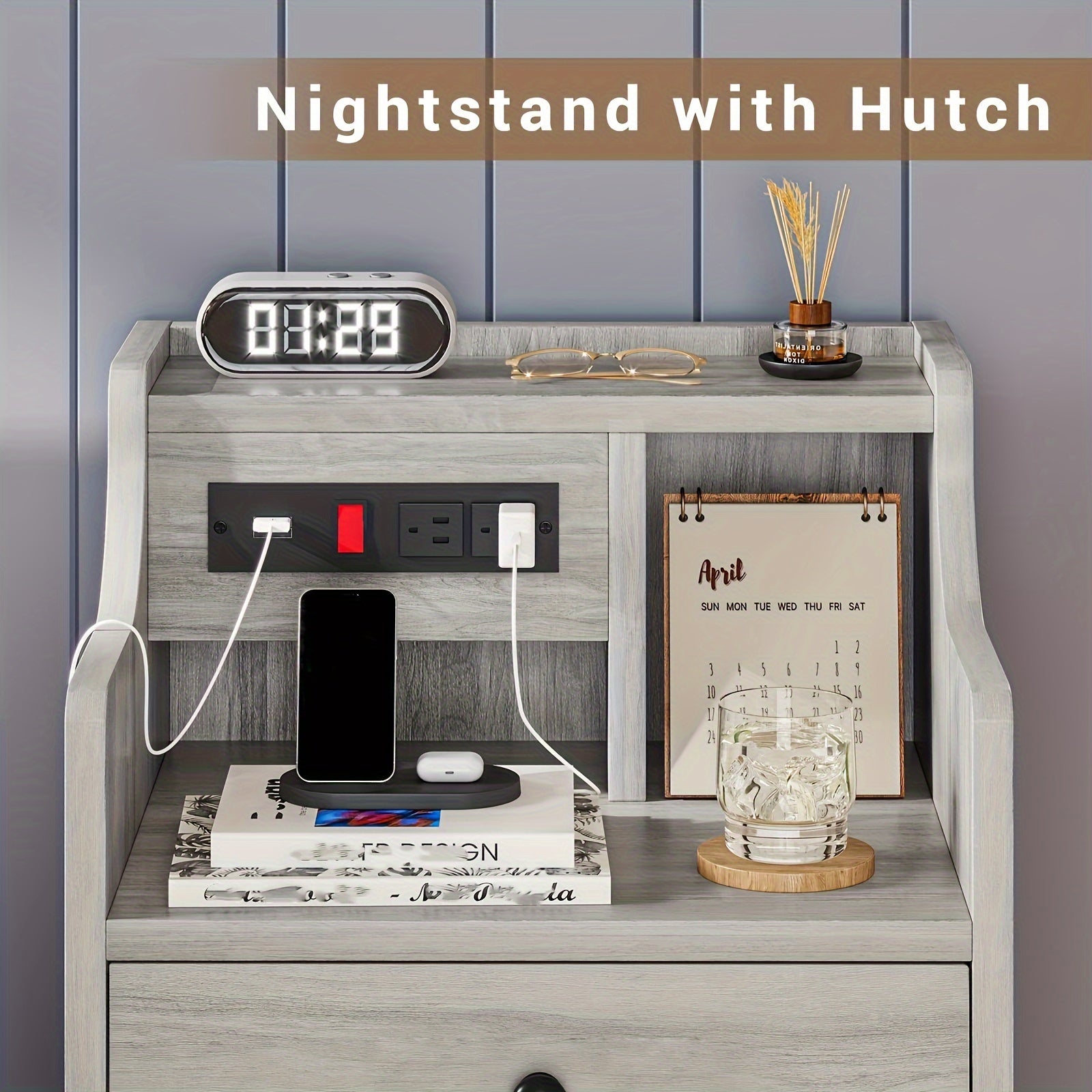 Nightstand with Charging Station 2 USB Ports 2 Outlets - 3 Drawers Hutch Bedroom End Table Sofa Side Table for Living Room Office Gray White 14x17.7x26.8 Inch