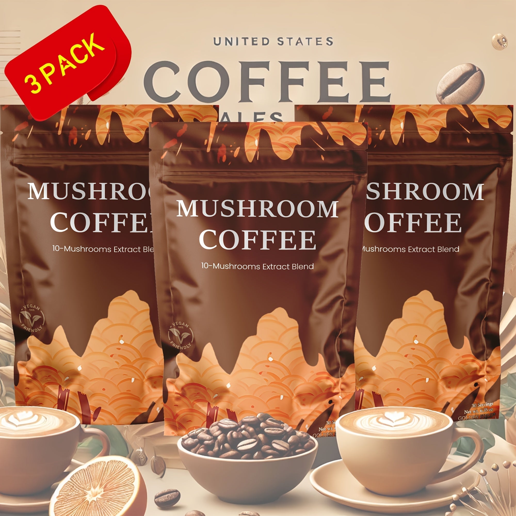Mushroom Coffee 10 Adaptogenic Mushrooms MCT Oil USA Grown Instant - Lion's Mane Turkey Tail Shiitake 6.35oz No Jitters Keto Vegan Friendly Available in 1 3 & 6 Pack