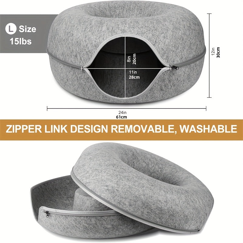 Cat Tunnel Bed with Donut Hole Indoor Hiding Place - All-Season Collapsible Soft Plush Cat Cave Bed for Indoor Cats, Dark Gray & Light Gray, 20 & 24 Inch, Perfect Cat Gift