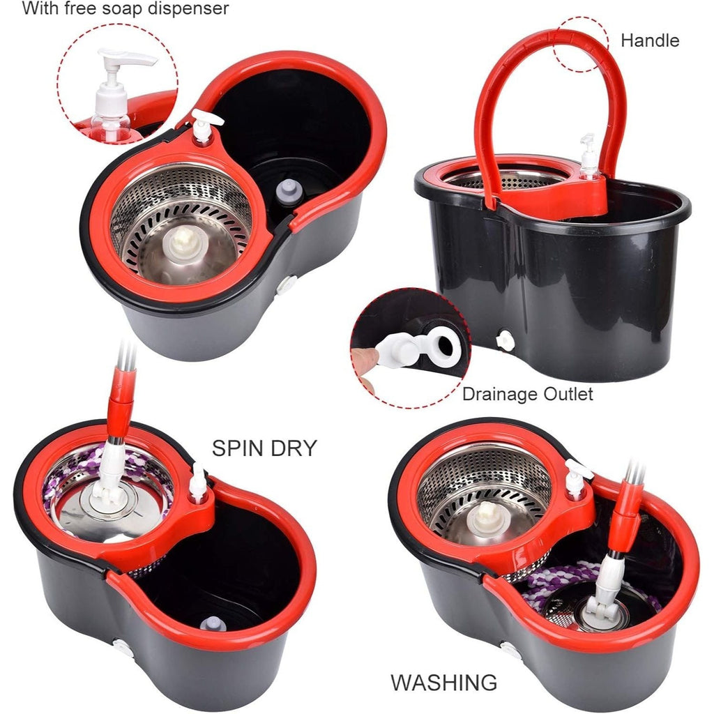 360° Spin Mop and Bucket Set with Wringer – Microfiber Mop Refills Stainless Steel Extended Handle Separate Compartment Floor Cleaning System for Hardwood Tile Laminate, Upgrade Option with 2 Refills